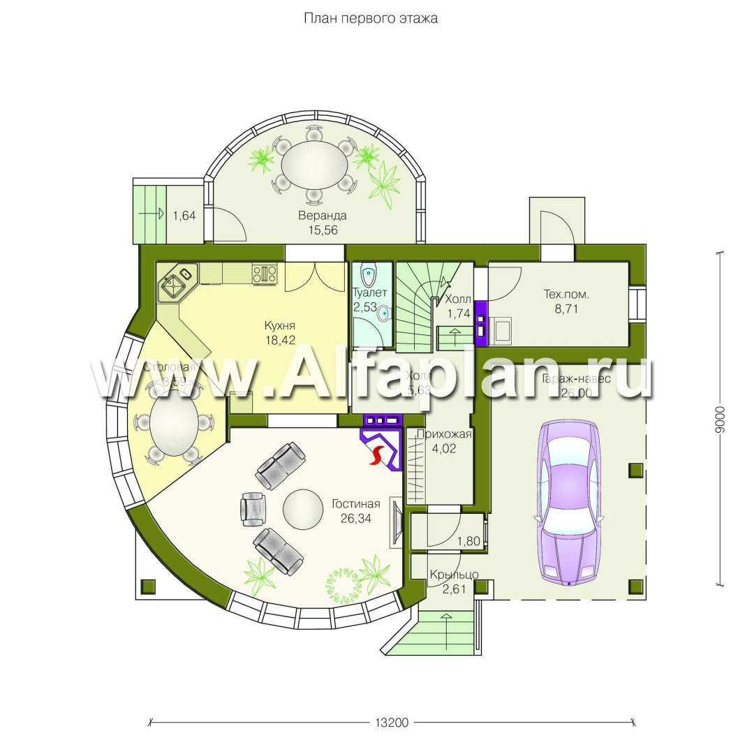 Проекты домов Альфаплан - «Боген» - оригинальный коттедж с полукруглой гостиной - изображение плана проекта №1