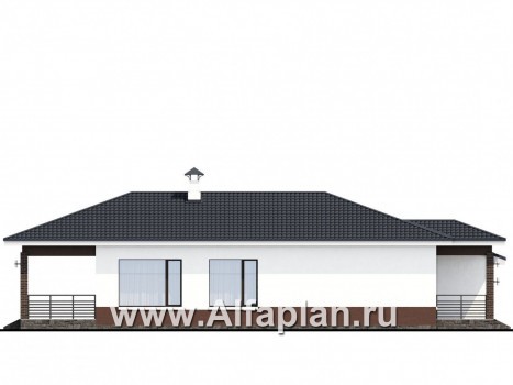 Проекты домов Альфаплан - «Каллиопа» - одноэтажный дом с террасой и гаражом (две спальни) - превью фасада №3