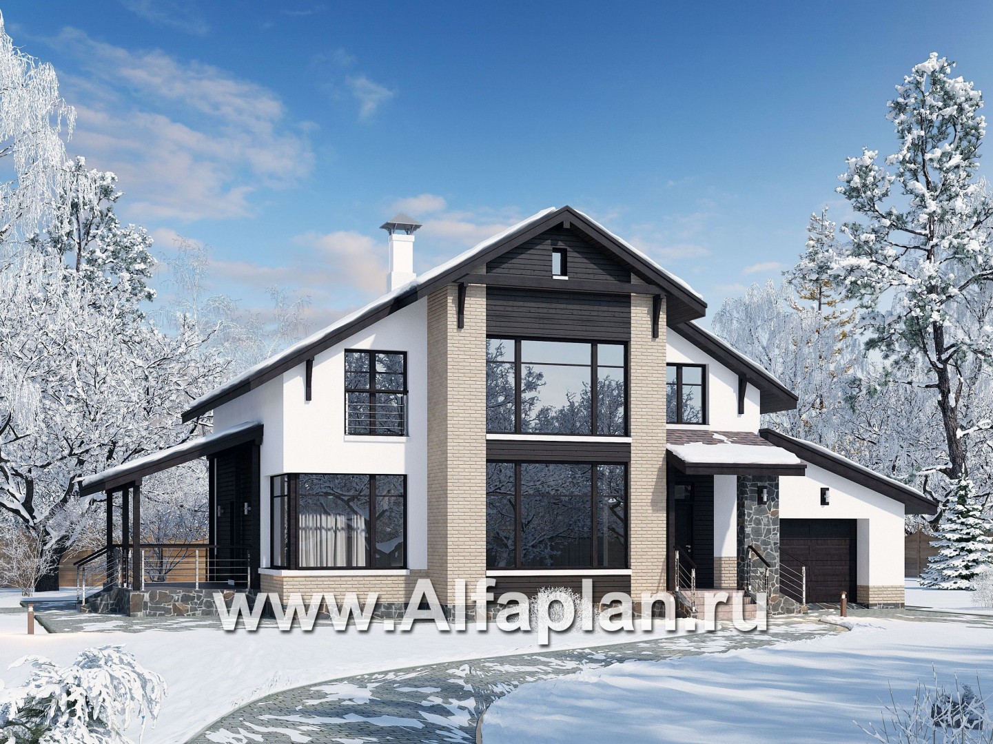 Проекты домов Альфаплан - «Клипер» - комфортный дом с двускатной крышей - основное изображение