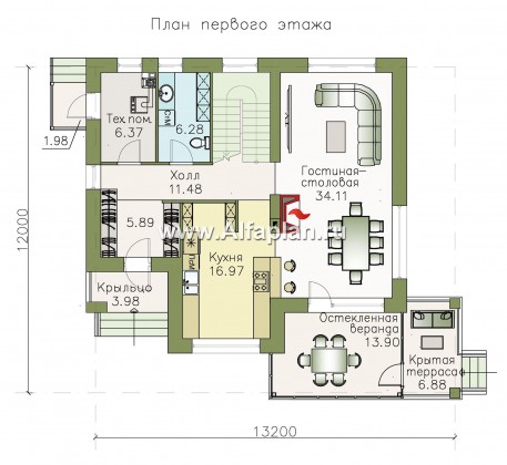 Проекты домов Альфаплан - «Летний вечер» - современный двухэтажный коттедж с верандой - превью плана проекта №1