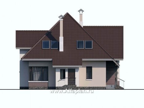«Плеяды» — проект дома с мансардой, из кирпича или газобетона, с террасой и с сауной, современный стиль - превью фасада дома