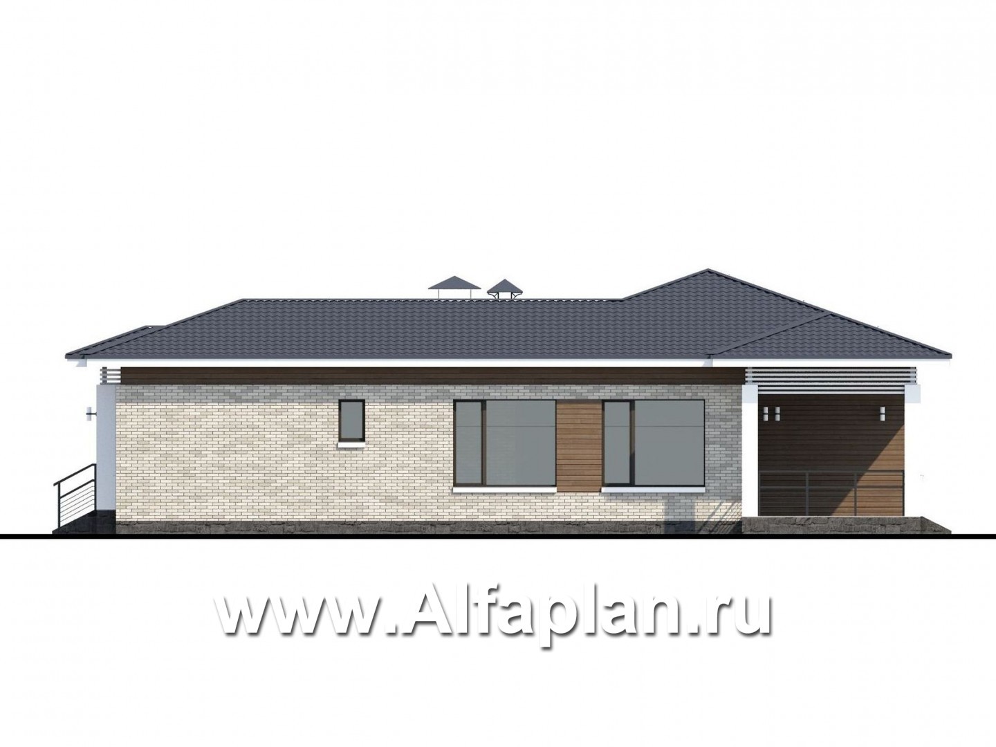 Проекты домов Альфаплан - «Днестр» - одноэтажный коттедж с большим гаражом и террасой - изображение фасада №2