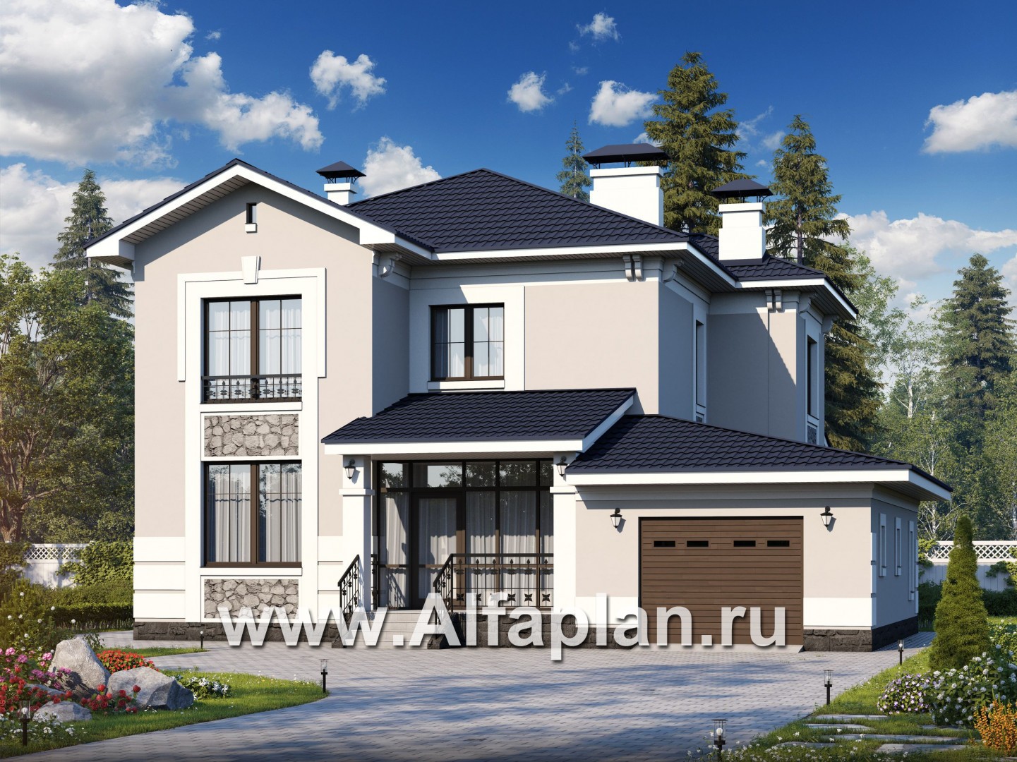 Проекты домов Альфаплан - «Белоостров» - коттедж с удобной планировкой и теплым гаражом - основное изображение